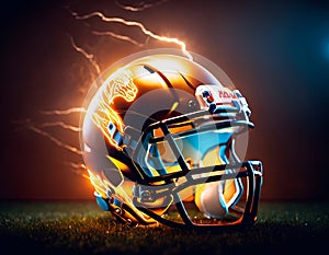 Ready, set, kick off. An american football helmet close up on loghtning