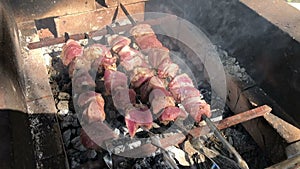 Ready shish kebabs on the grill.Barbecue on the grill. Very juicy fresh. BBQ Marinated shashlik preparing on a barbecue