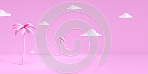 Ready for summer Love concept. Flamingo and palm tree on pink background 3D Render