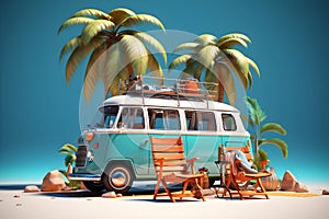 Ready for summer travel. Green van with palm tree, deck chair and beach accessories. Summer and holiday, Ai generative