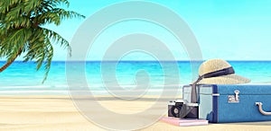 Ready for summer vacation, travel background, Beach with palm tree and suitcases, 3D Render