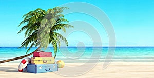 Ready for summer vacation, travel background, Beach with palm tree and suitcases, 3D Render