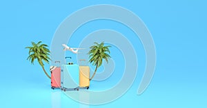 Ready for summer vacation, travel background with copy space. Summer vacation concept with palm tree and suitcases, 3D Render