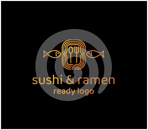 Ready sushi and ramen bar minimalistic logo. Black and white photo