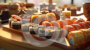 Ready sushi, rolls in the restaurant. Generative AI