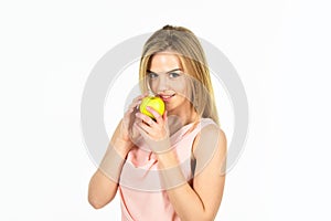ready to bite. girl smiling with apple isolated on white. dieting idea. forbidden fruit. happy woman hold apple. healthy