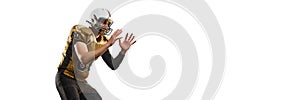 Ready to catch ball. Man, american football player in motion, training over white studio background. Banner, flyer