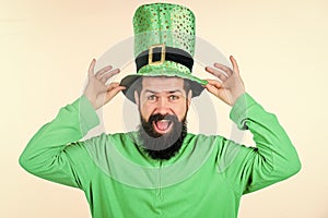 Ready to celebrate happy saint patricks day. Irish man with beard wearing green. Bearded man celebrating saint patricks