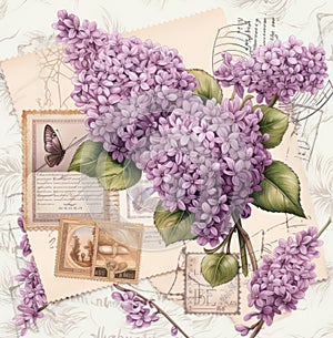 Vintage Charm: Delightful Lilacs on Postmarked Mail photo