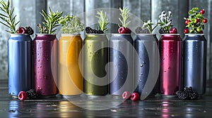 Ready to drink cocktails. Colorful aluminum cans with fresh berries and rosemary on grey background