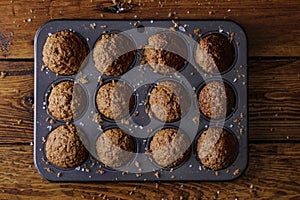 Ready to eat Bran muffins on a baking tray