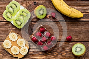 Ready to eat bruschettas with fresh fruits and berries