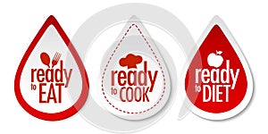 Ready to eat, diet and cook stickers photo