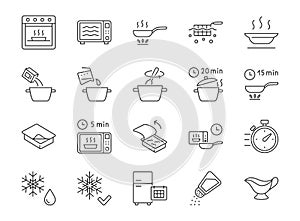 Ready to eat food package line icons. Vector outline illustration with icon - microwave oven, salt shaker, boil, bake