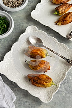 Ready to eat stuffed courgette flowers