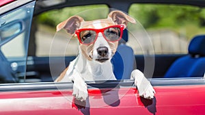 Ready-to-go dog geared up for car travel, summer road trip with pet, Ai Generated