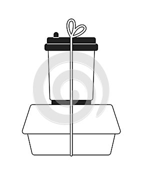 Ready-to-heat prepared meal with coffee cup monochromatic flat vector object