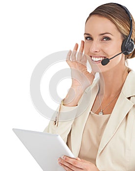 Ready to help resolve your queries. An attractive customer support representative taking a call.