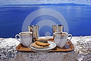 Ready to serve cups of coffee against blue sky