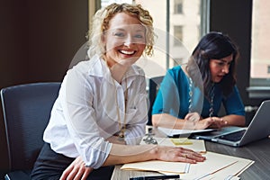 Ready to tackle our project. Portrait of two businesswomen having a meeting together in an office.