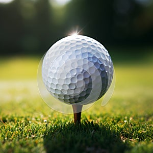 Ready to tee off Golf ball closeup on green grass