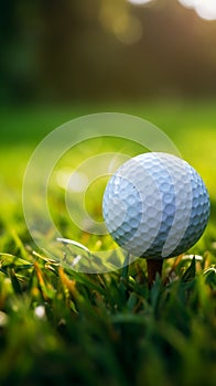 Ready to tee off Golf ball closeup on green grass