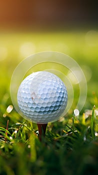 Ready to tee off Golf ball closeup on green grass