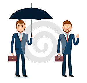 Ready to use character creation set. Businessman holding umbrella, greets.