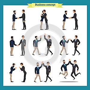 Ready-to-use character set. Businessmen in handshake. Various poses, emotions, greeting, standing, fist bump, giving