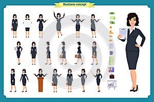 Ready-to-use character set. Young business woman in formal wear. Different poses and emotions