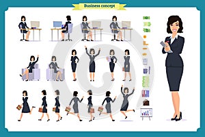 Ready-to-use character set. Young business woman in formal wear. Different poses and emotions