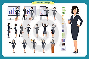 Ready-to-use character set. Young business woman in formal wear. Different poses and emotions