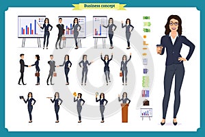 Ready-to-use lady character set. Young business woman in formal wear. Different poses and emotions