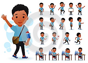 Ready to Use Little Black African Boy Student Character with Different Facial Expressions photo
