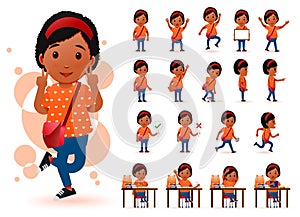 Ready to Use Little Black African Girl Student Character with Different Facial Expressions