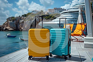 Ready for a Voyage: Blue and Yellow Suitcases on Seaside Dock. Concept Travel, Adventure, Seaside,