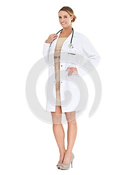 Ready for your checkup. Full-length image of an attractive doctor smiling at the camera.