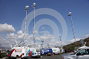 REAGAN PRESIDENTIAL LIBRARY, SIMI VALLEY, LA, CA - SEPTEMBER 16, 2015, satellite dishes and TV broadcast vans for Republican Presi