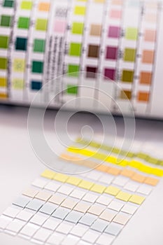 Reagent strips used in urinalysis to analyze Leukocytes, Urobilinogen, Bilirubin, Blood, Nitrite, pH, Density, Protein, Glucose