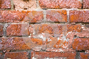 Real ancient red brick wall.