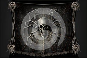 Real creepy spider webs on black banner, holidays, halloween