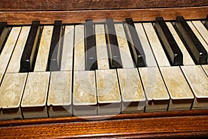 real elephant ivory piano keys on old wooden grand piano black and white keys with dirt, sweat and finger oils ground in detailed