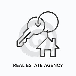 Real estate agency flat line icon. Vector outline illustration of key and house sign. Black thin linear pictogram for