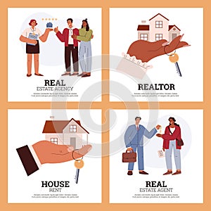 Real estate agency services advertising posters set, flat vector illustration.