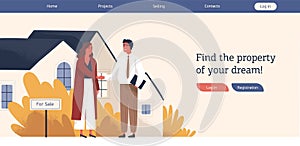 Real estate agency web banner template colorful vector flat illustration. Woman customer and man agent shaking hands