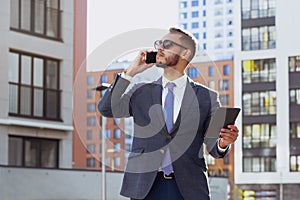 Real estate agent businessman city phone calling