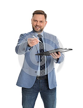 Real estate agent with documents for signing on white