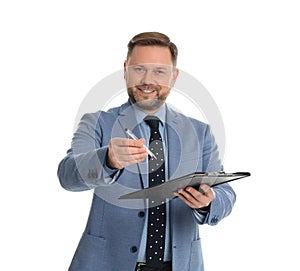 Real estate agent with documents for signing on white