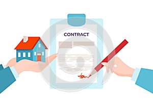 Real estate agent hand hold house, sign document mortgage contract, purchase property flat vector illustration, isolated