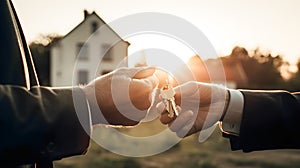 Real estate agent handing a man in a suit the keys to his new home. Generative ai